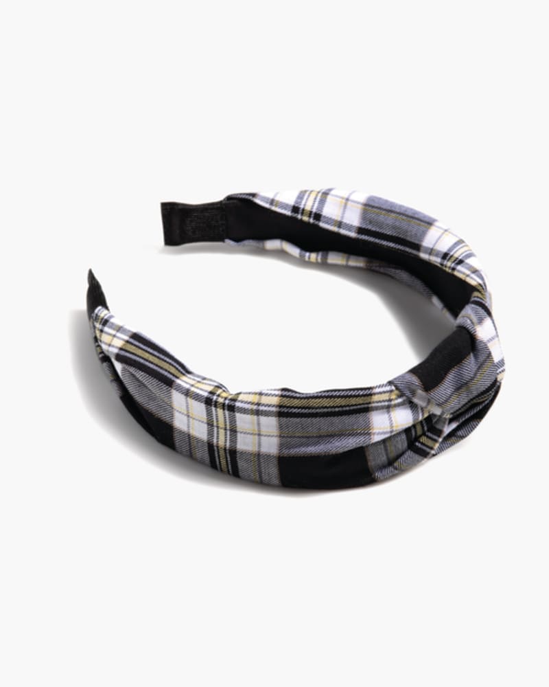Front of a size None Emily Knotted Plaid Headband in Black by Shiraleah. | dia_product_style_image_id:243193